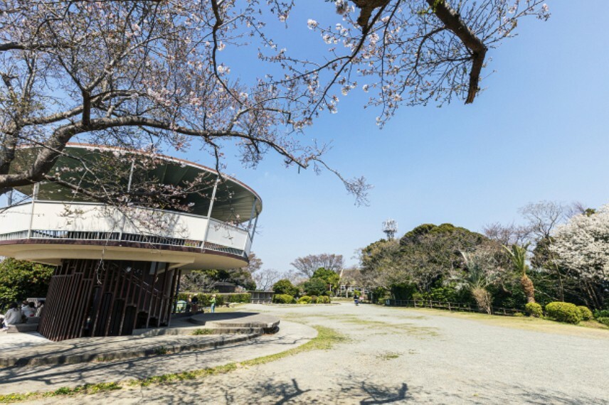 公園 現地から1130m～1140m。　披露山公園　山頂の公園は眼前に広がる海はもちろん、逗子の街並みを前景に富士山まで望むことが出来ます。花見スポットやハイキングコースとしても有名です。