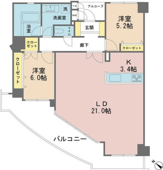 間取り図 床暖房付きのゆったりLDK約24.4帖。ゆとりある2LDKです。