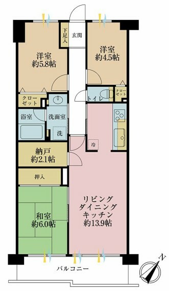 間取り図 3LDK、専有面積69.6平米、バルコニー面積8.14平米