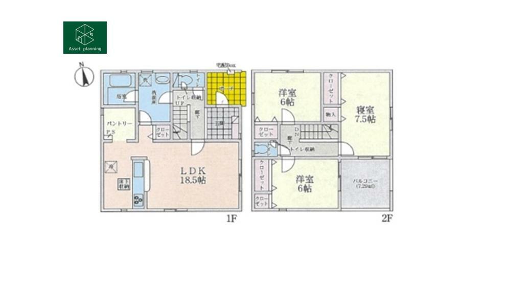 間取り図 1号棟の間取図です。 各居室に収納が備わった3LDK＋パントリーのオール電化住宅です。 18.5帖のリビングとキッチンに繋がったパントリーは日用品から食品のストックなど大容量の収納力が魅力です。