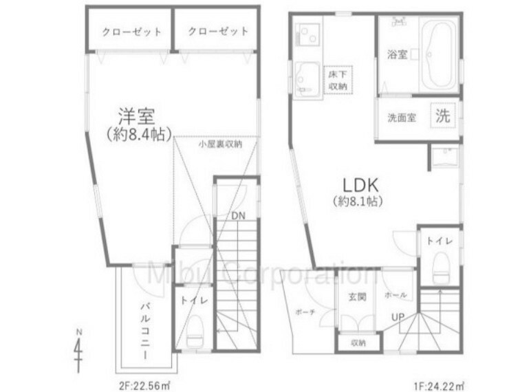 間取り図 各室8帖以上の2階建住宅。小屋裏収納・各階トイレ付。