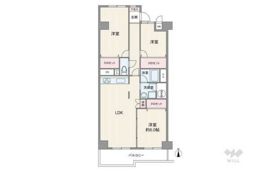 間取り図 間取りは専有面積73.86平米の3LDK。キッチンから洗面室にアクセスしやすく家事動線の優れたプラン。玄関はプライバシーに配慮したクランクイン。