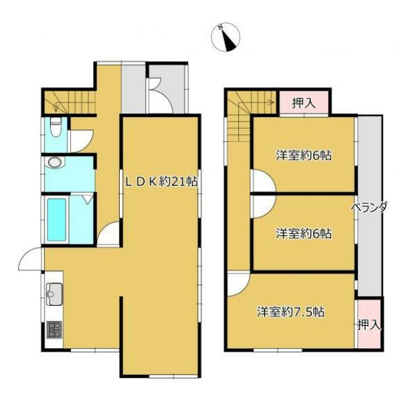 【リフォーム済】間取り図を掲載しております。2階に3部屋ある3LDKの住宅です。3～4名様家族にいかがでしょうか。