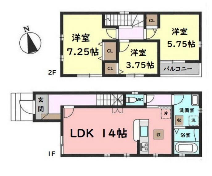 間取り図 ■建物面積:75.35平米の2階建て3LDK新築戸建