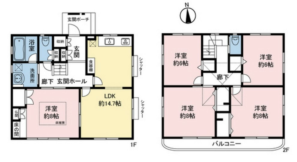 間取り図 全居室6畳以上のゆとりある間取りのため、余裕を持って空間を分けることができる5LDK。