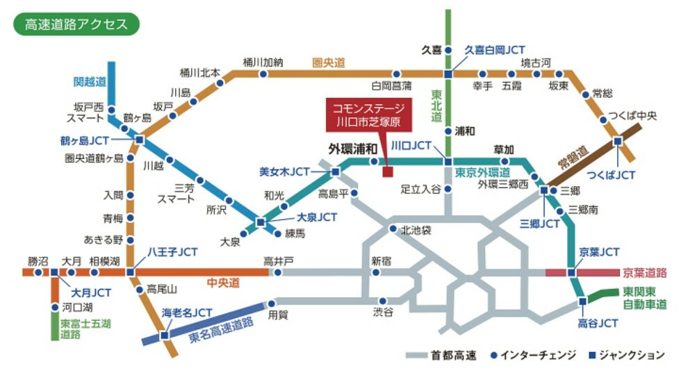 区画図 高速アクセス図東京外環自動車道「外環浦和IC」（約2,370m～2,570m/車で9分）に近く、首都高速・東北道・常磐道などを利用してさまざまな方面にアクセスしやすい位置にあるので、車でのレジャーも楽しめます。