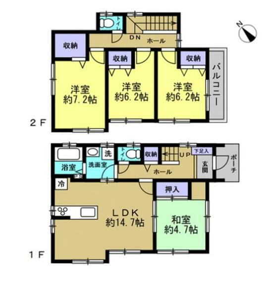 間取り図 【間取図】2階建て4LDK。対面キッチンで料理をしながら家族を見守れますね。キッチン、洗面所、廊下が回遊できる使いやすい動線です。