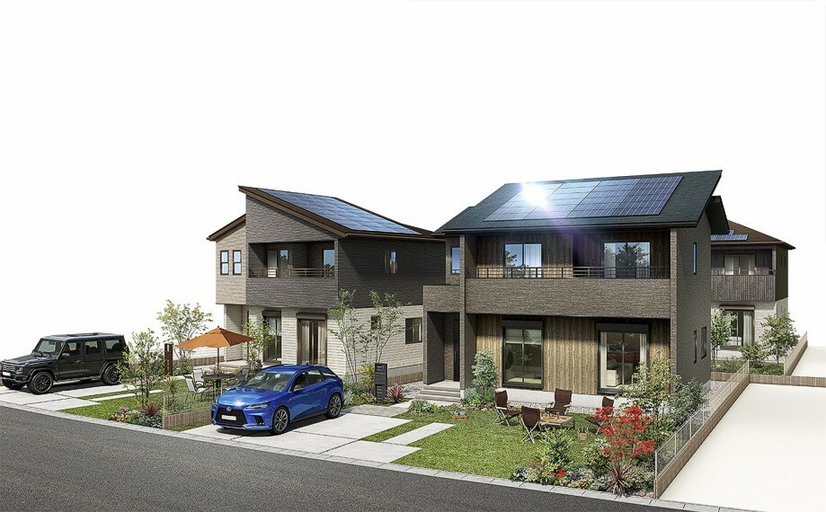 完成予想図(外観) 5kW以上の太陽光発電システムを搭載した「ZEH」住宅。省エネと創エネで未来を先取りする住まい（街並み完成予想図）
