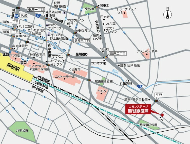 現地案内図熊谷駅東口へ徒歩13分（約990m）