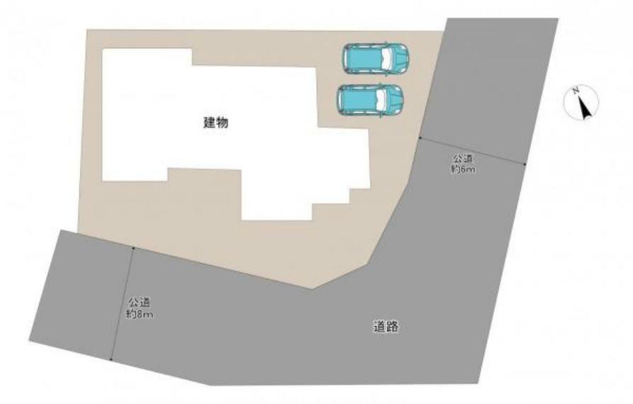 区画図。駐車は並列2台可能の南東角地物件です。