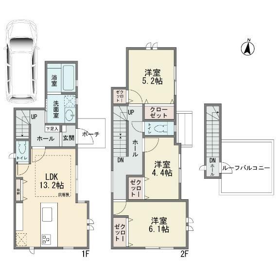 間取り図 ルーフバルコニーの有る新築2階建て　カウンターキッチン　3LDK　床暖房　公道4Mに面す整形地　省エネ適合住宅　フラット35S利用可能