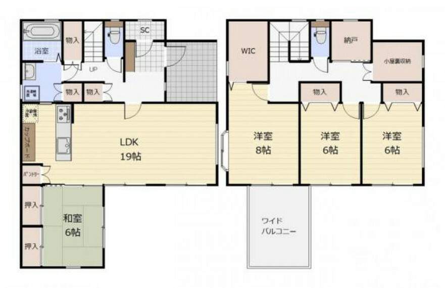 間取り図 （間取）明るい全居室南向きの間取り。パントリー・洗面収納・土間収納の他、豊富な収納でお部屋もスッキリ片づけられそうですね！