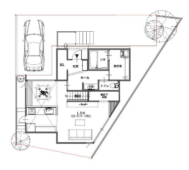 参考プラン間取り図 【本分譲地に建築可能な建物プラン例】LDKに階段を配置することによって、家に帰るたびに家族とのコミュニケーションが生まれます。