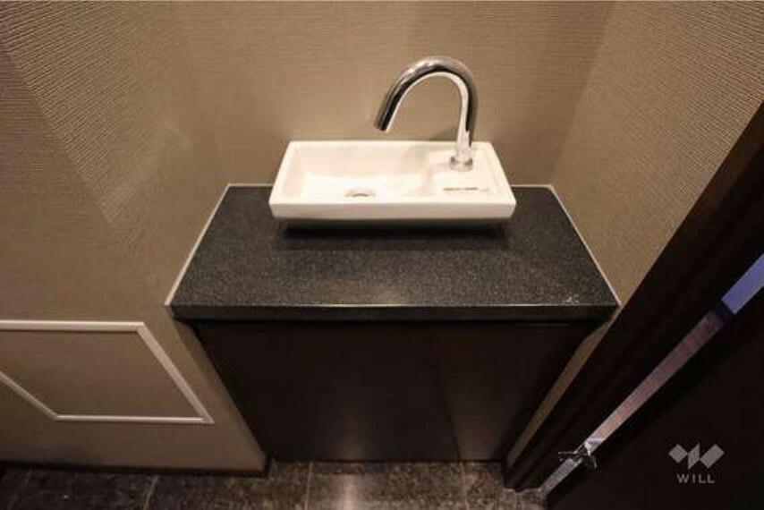 トイレには手洗いカウンター付き。収納もございますので、トイレットペーパー等のストックに便利です。