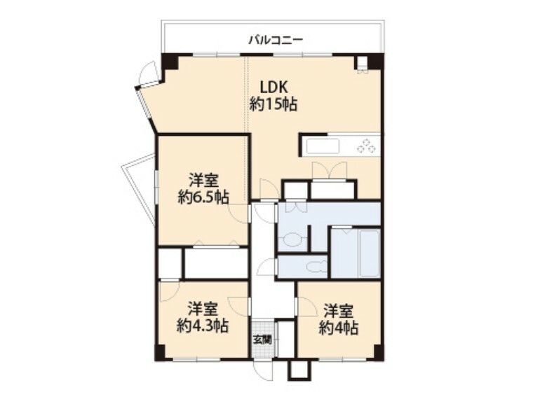 間取り図 対面式キッチンを中心に、家族の会話が行き交う間取。