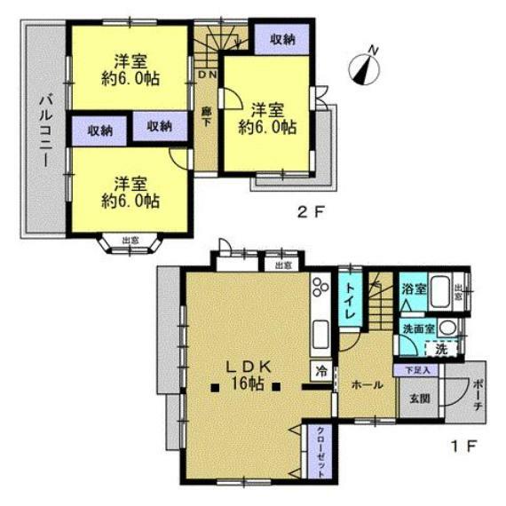 間取り図 【リフォーム完成済】3LDKの二階建てです。全室6帖以上。各部屋に収納スペースがあるので、部屋を広く使える間取りになっています。