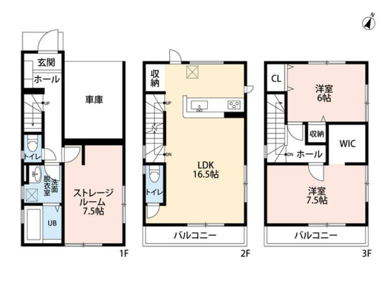間取り図 車庫付きの3階建て。 1階のストレージルームは7.5帖の広さがあり、居室としても＾＾ 2階は16.5帖のLDK、3階には6帖以上の居室が2つ＾＾