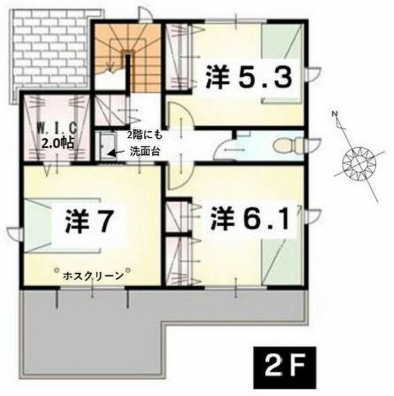 間取り図 2F平面図です。全居室収納付き！寝室には2.0帖のウォークインクローゼット、2階洗面台は標準設備です。