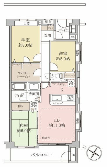 間取り図 専有面積75.79平米。3LDK＋ファミリークローゼット。4階建ての2階部分。南西向きの角部屋。広々とした収納付き。