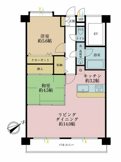 間取り図 2LDK、専有面積62.14m2、バルコニー面積11.65m2