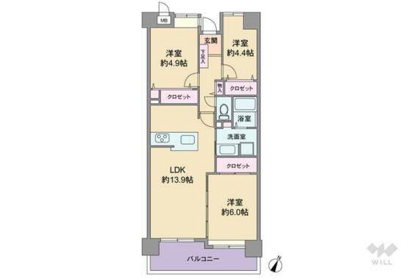 間取り図 間取りは専有面積69.07平米の3LDK。全居室洋室仕様の縦長リビングプラン。バルコニー側の洋室は、LDKとつなげて使うこともできる続き間仕様です。