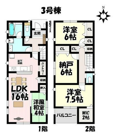 間取り図 3LDK＋S お庭に面した16帖のリビング 和室併設で寛げます。2階全室ゆとりのある6帖以上！