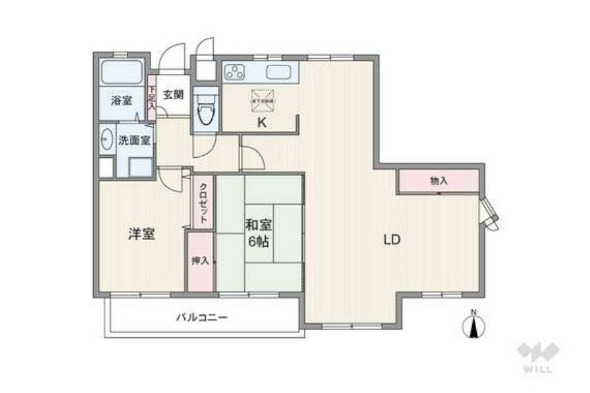 リノベーションにより2LDKに変更された間取りです。各居室も南面に面したワイド設計で、収納も十分。