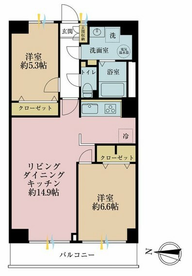 間取り図 2LDK、専有面積62.1平米、バルコニー面積7.2平米