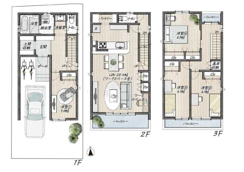 参考プラン間取り図 B区画建物参考プラン 玄関には土間付。リビングダイニングにはワークスペース付。キッチンにはパントリー付。収納豊富は広々4LDKプラン。 建物価格:2971万円 延床面積:135.19平米