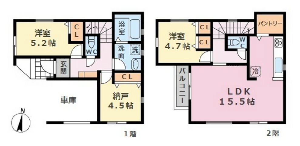 間取り図 ■建物面積:88.65平米の2階建て3LDKタイプ＋車庫付き