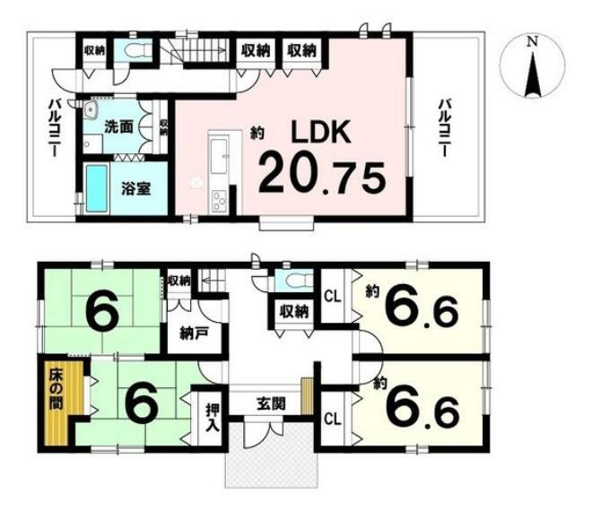間取り図 セキスイハイム施工の大型住宅。20.7帖の大きなリビングを2階に配置しており、人目を気にせずおくつろぎ頂けます。全室6帖以上の広さを確保！