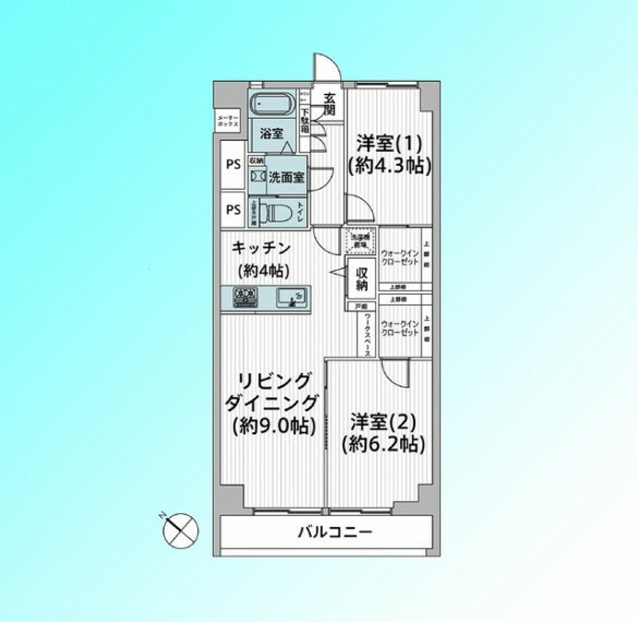 60平米、2LDKの間取り。