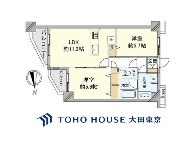 間取り図 2LDK、専有面積53.66m2、バルコニー面積6.04m2