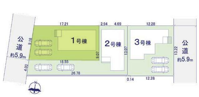 区画図 敷地面積162.22平米（約49.07坪）です。西側5.9m道路に面しています。