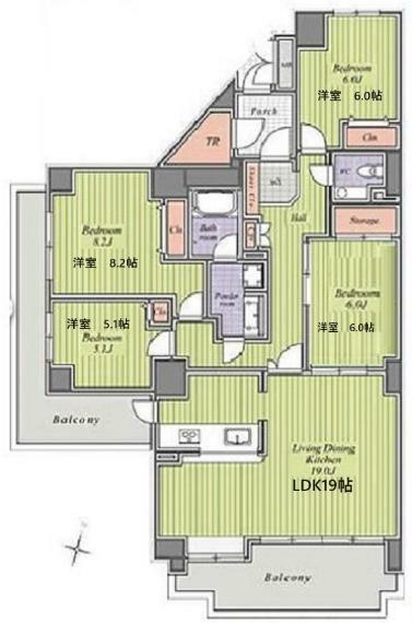 間取り図 角部屋100平米超の4LDK。 LDK広々19帖。バルコニーも広々お使い頂けます。