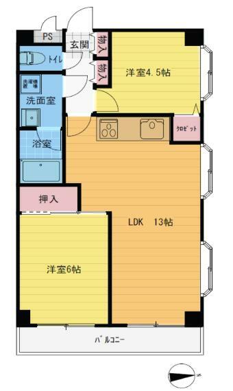 間取り図 全居室収納付きの2LDKです。荷物が多い子育て世代や趣味道具の多い方にも嬉しいですね。