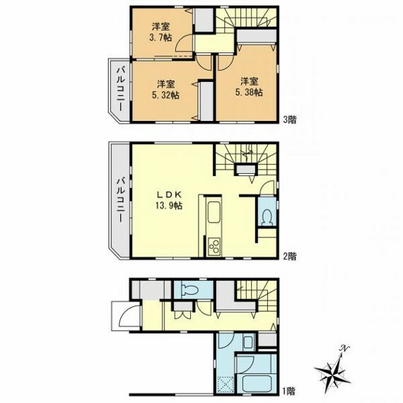 間取り図 ファミリーにおすすめの3LDKの間取り。お子様用、プライベートルーム、寝室など用途に応じて活用しやすい間取りですね。