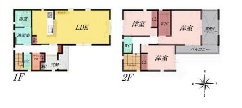 間取り図 3LDK＋ファミリークローク＋シューズクローク＋雨の日でも安心な屋根付きバルコニー搭載。収納スペース充実でお部屋もスッキリ片付きそう。