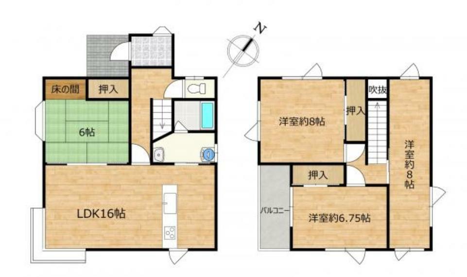 間取り図 【RF後間取図】1階1部屋、2階3部屋の4LDK。LDKは16帖です。キッチンは嬉しい対面キッチンです。