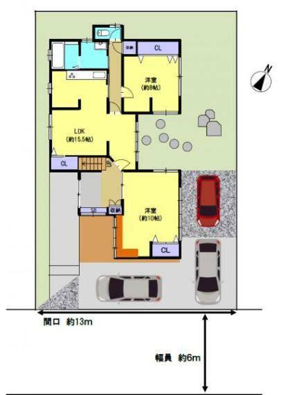 区画図 【区画図】駐車は合計3台可能になりました。土間コンクリート仕上げと一部砂利敷きです。敷地北東側にはお庭がありますので、家庭菜園やバーベキューなど、趣味を楽しむ空間があります。