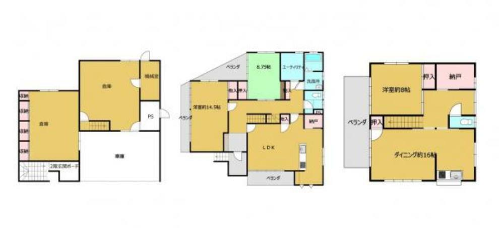 【リフォーム後/間取り図】3階建ての4SLDKの住宅です。2階と3階にキッチンがあり、二世帯でお住まいの方にもおすすめです。1階の倉庫をはじめとした収納の多さも魅力的です。