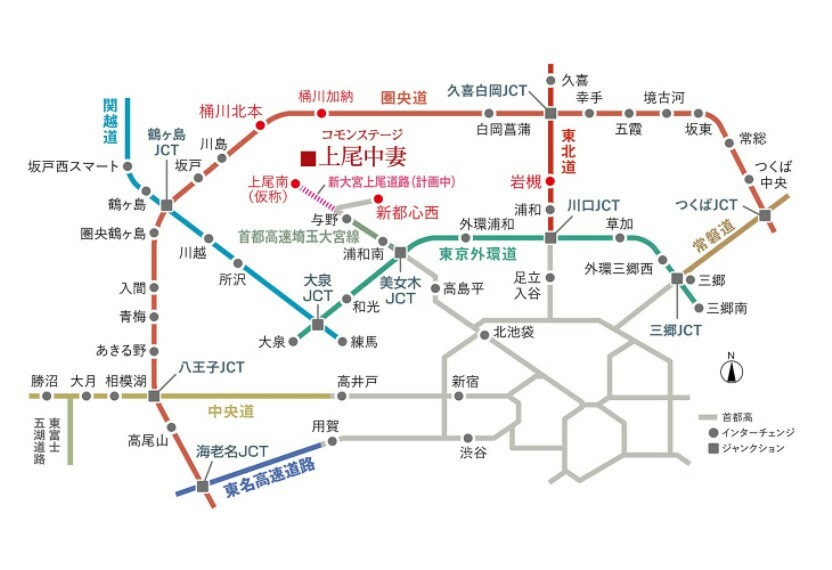 区画図 圏央道「桶川北本IC」が近く、東北道や関越道へアクセスが快適「新大宮上尾道路」が首都高与野JCTから上尾まで延伸する整備が本格化へ。都心へのアクセスがますます便利になります。●圏央道「桶川北本IC」（車で12分～13分/約5,970m～約6,010m）