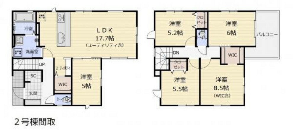 間取り図 （2号棟間取）家族のお出かけグッズもしまっておけるファミリークロゼット付き！（1階WIC）