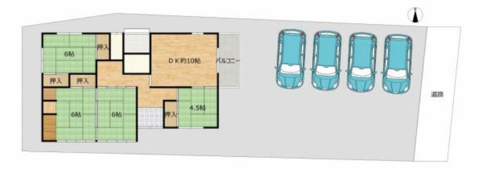 玄関 【敷地配置図】当住宅の敷地イメージです。図と異なる場合は現況を優先します。4台以上駐車可能です。来客用の駐車場も確保できるのは嬉しいですね。