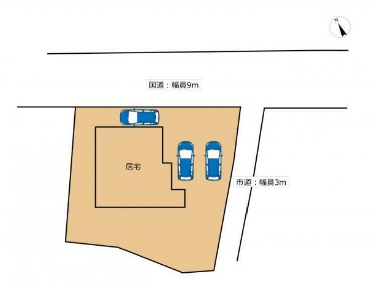 区画図 【敷地図】敷地図です。土地は広々90坪の角地物件です。既存のカーポートには駐車2台分他カースペース一台分合計3台分駐車可能です。
