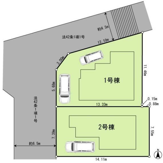 区画図 2棟とも全室南向きの明るい新築戸建てです角地の1号棟は車2台駐車可能です（車種によります）