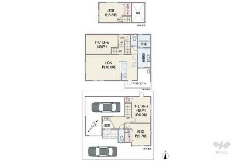 間取り図 全居室洋室仕様の2階リビングプラン。キッチンと洗面室（洗濯機置場）、バルコニーがワンフロアに集約しているため、炊事・洗濯の家事動線良好です。洗面室とバルコニーは直接行き来ができます。