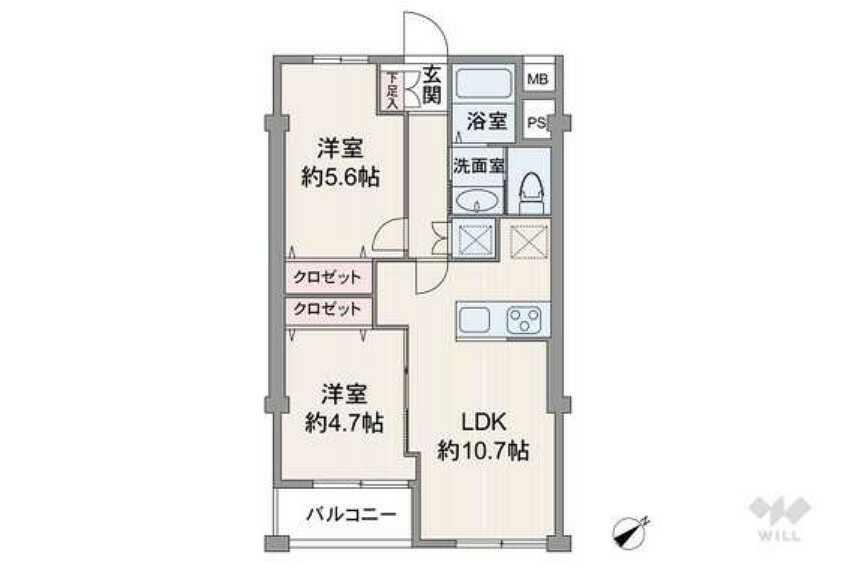 間取りは専有面積50.22平米の2LDK。バルコニー面積は2.83平米です。