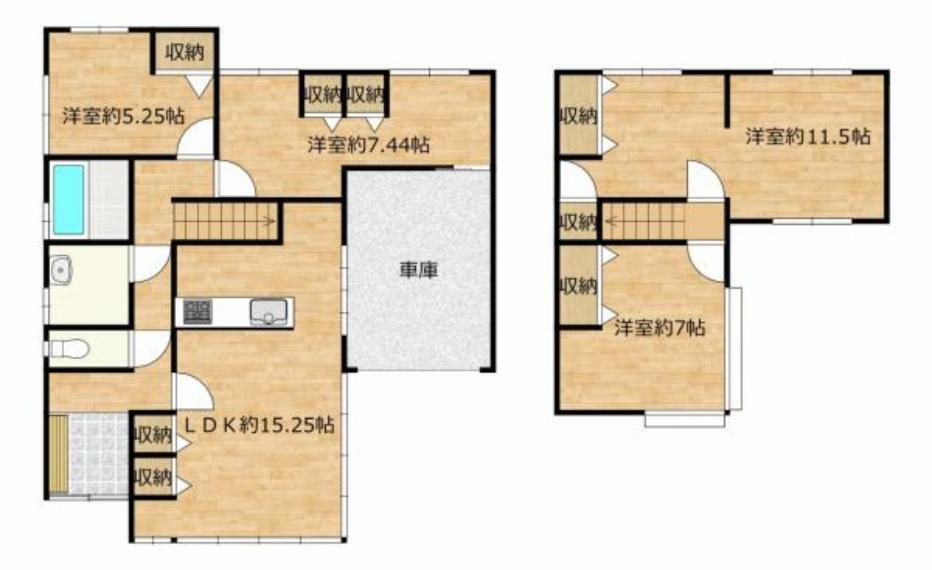 【リフォーム済】間取り図です。1階と2階にそれぞれ居室が2部屋ずつあるのでご家族皆様でそれぞれのお部屋を持てるかもしれませんね
