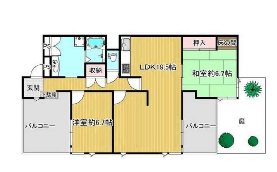 間取り図 ゆったりとした2LDK。2面バルコニー・専用庭付きです。